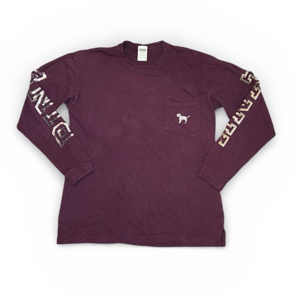 Victoria's Secret Pink Maroon Dog Sequin Oversize Campus Long Sleeve T-Shirt - Picture 2 of 4